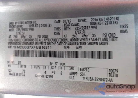 2015 Ford Escape Se z USA, uszkodzony, nr VIN 1FMCU0G7XFUB16811